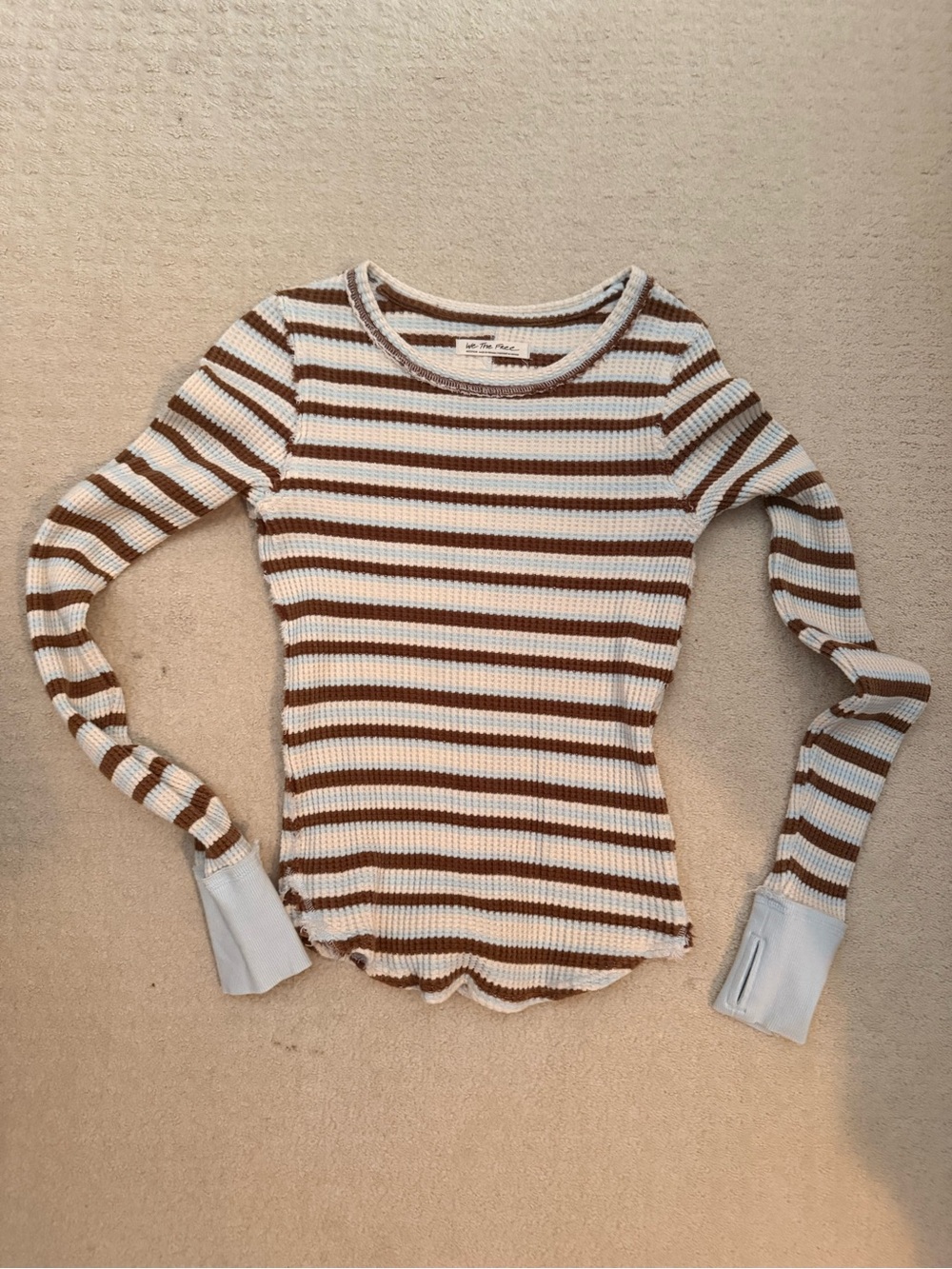 Free People Striped Ribbed Long Sleeve Thermal Top in White and Brown and Blue